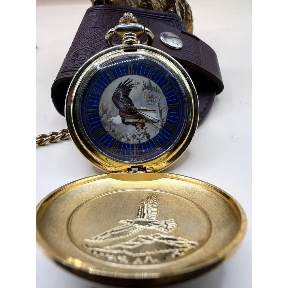 VTG Franklin Mint Bald Eagle Pocket Watch by Ted Blaylock Stand, Chain & Pouch